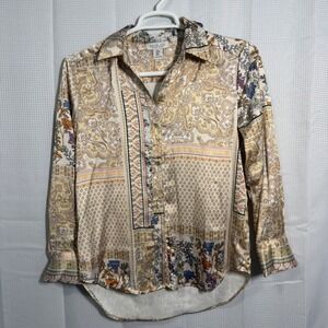 Rachel Zoe Button Down Blouse M Multicolor Tan Paisley Floral Patchwork Print